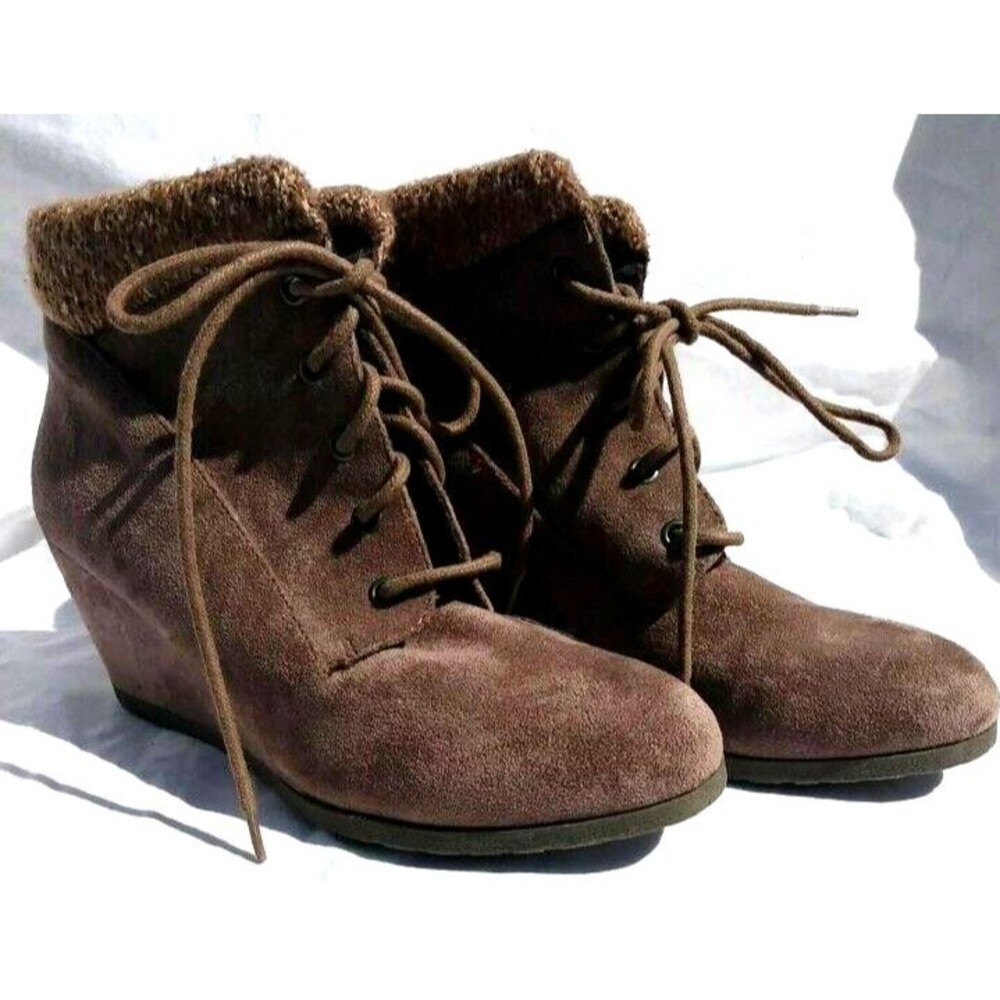 Madden Girl Bootie Size 9.5M Faux Suede Lace Up Sock Cuff Wedge Heel Brown